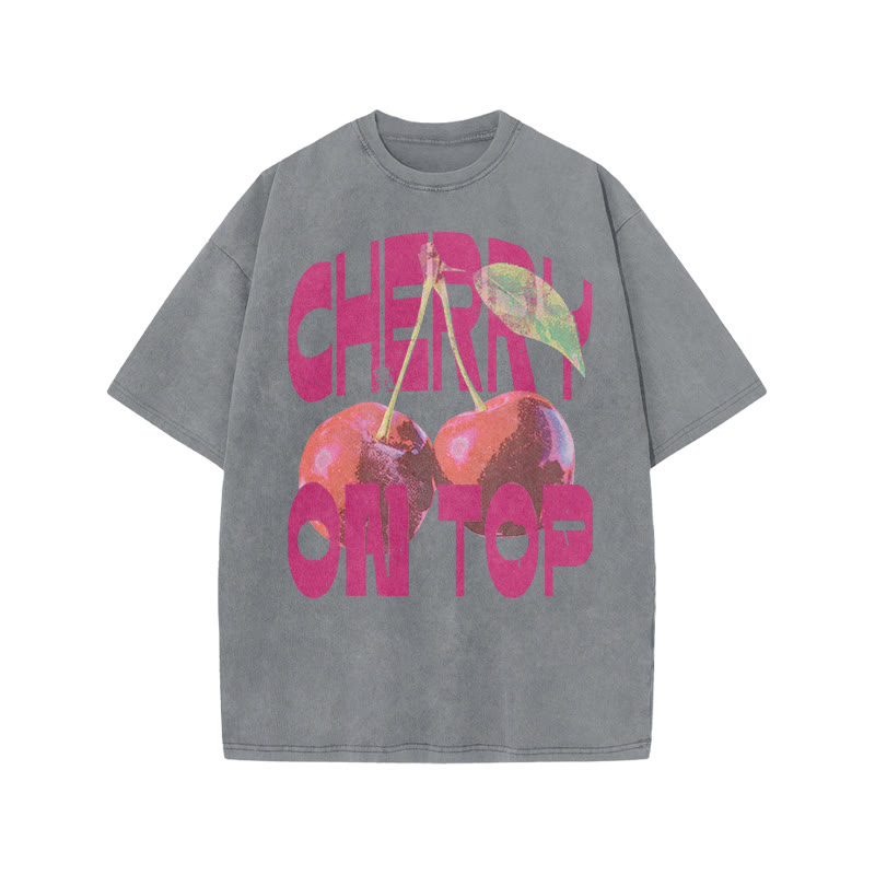 Cherry On Top Print Acid Washed T-shirt - Grey - US20-22(3XL) - image 4