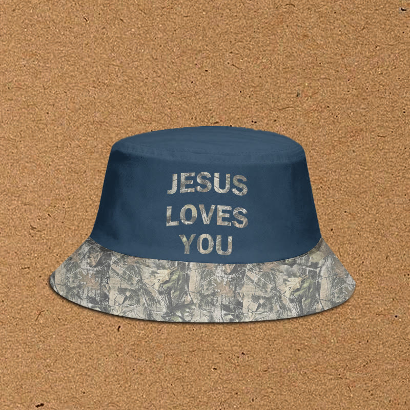 Jesus Loves You Dead Leaves Camouflage Patchwork Print Bucket Hat - Blue - XL(62cm) - image 4