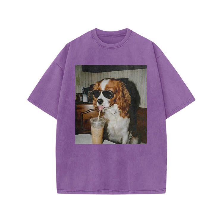 Vintage Iced Coffee Dog Print Acid Washed T-shirt - Purple - US20-22(3XL) - image 7