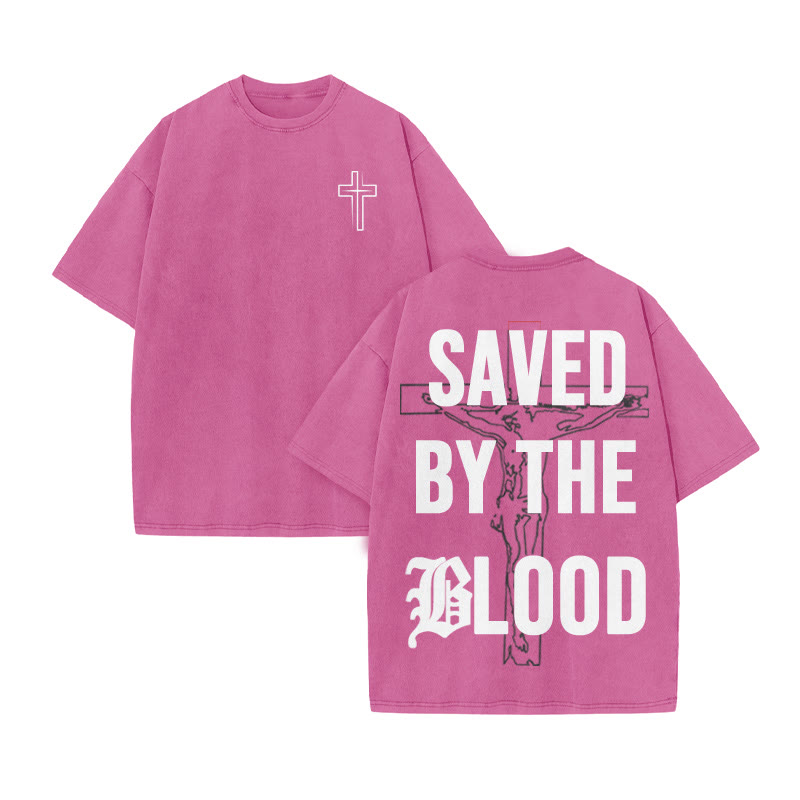 Unisex 100% Cotton Saved By The Blood Cross Print Acid Washed T-shirt