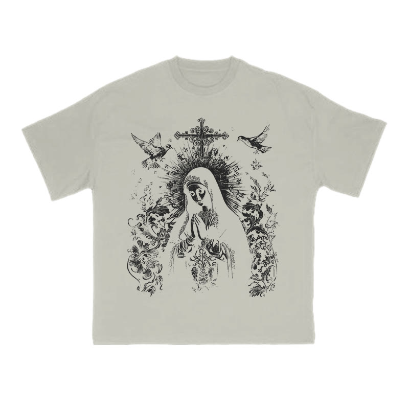 Unisex 100% Cotton Praying Virgin Mary Print T-shirt - Warm Grey - US16-18(2XL) - image 7