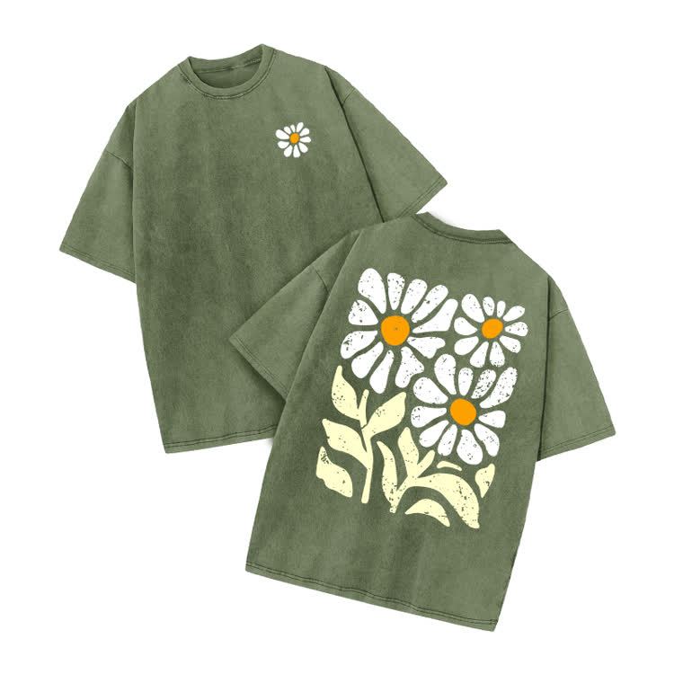 Vintage Washed Daisy Graphic Print Acid Washed T-shirt - Army Green - US20-22(3XL) - image 7