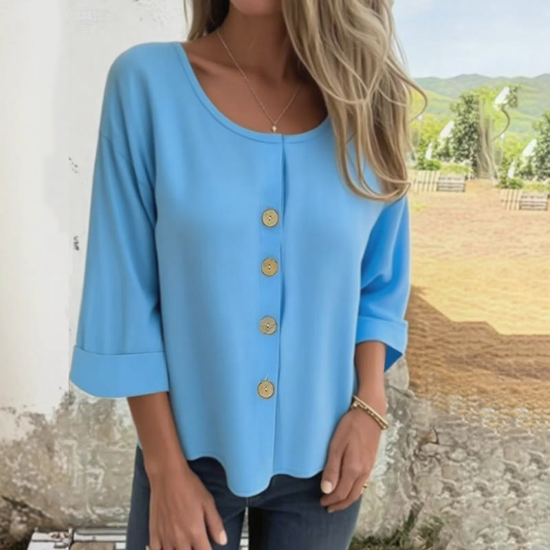Simple Solid Round-neck Button 3/4-sleeve Blouse - Light Blue - 4XL - image 3