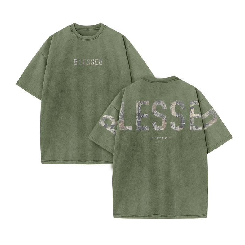 Blessed Matthew 5:3-12 Dead Leaves Camouflage Print Acid Washed T-shirt - Army Green - US20-22(3XL) - image 6