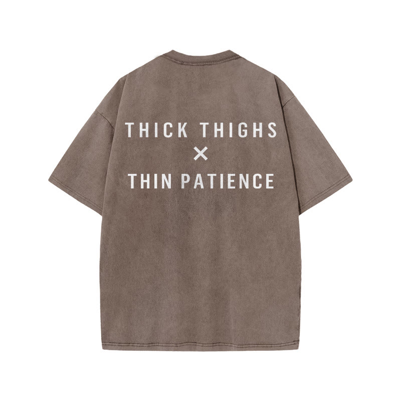 100% Cotton Thick Thighs X Thin Patience Gym Print Acid Washed T-shirt - Coffee - US20-22(3XL) - image 6
