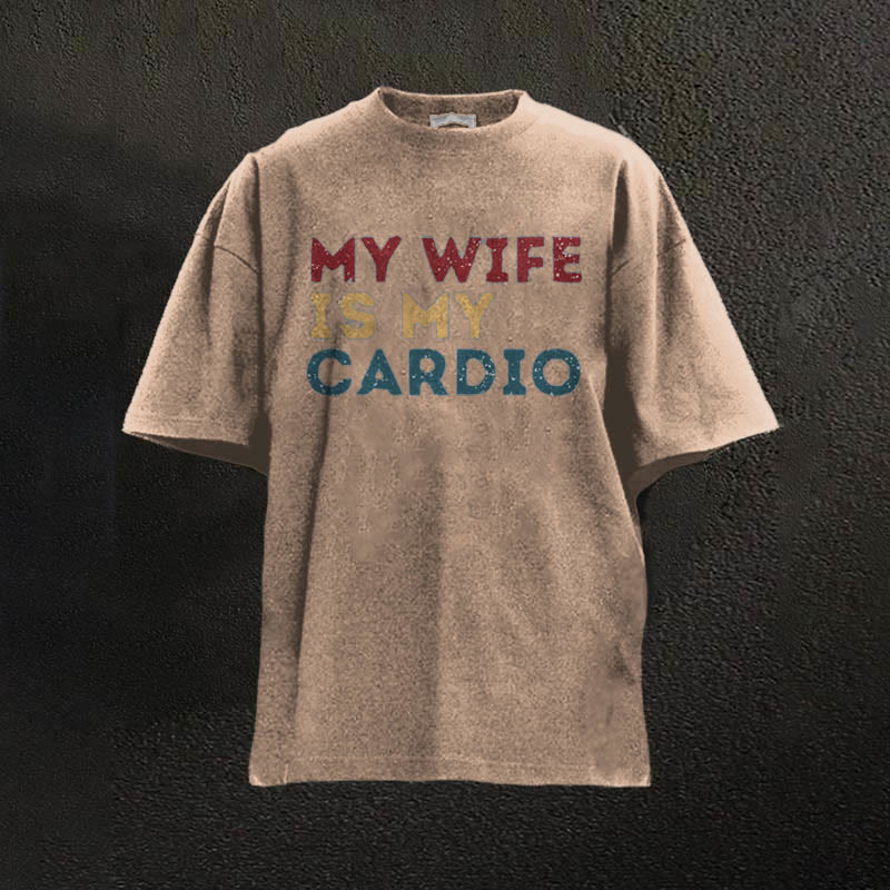 100% Cotton My Wife Is My Cardio Printed Washed Gym T-shirt - Coffee - 2XL - image 3