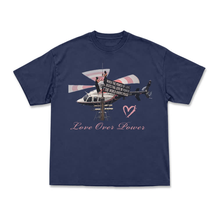 Vintage Helicopter Print Love Over Power T-Shirt - Navy Blue - US16-18(2XL) - image 15