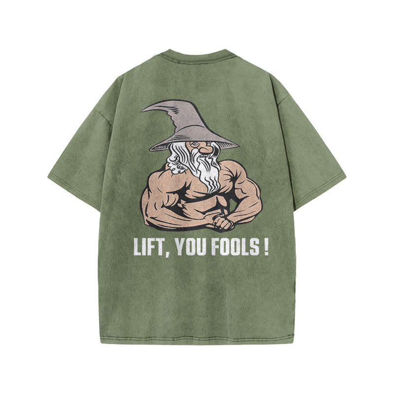 100% Cotton Lift, You Fools! Gym Print Acid Washed T-shirt - Army Green - US20-22(3XL) - image 6