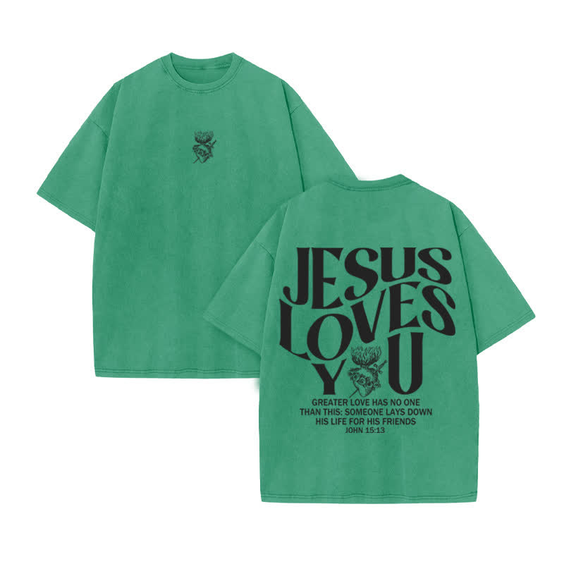 Unisex 100% Cotton JESUS LOVES YOU Print Acid Washed T-shirt - Green - US20-22(3XL) - image 7