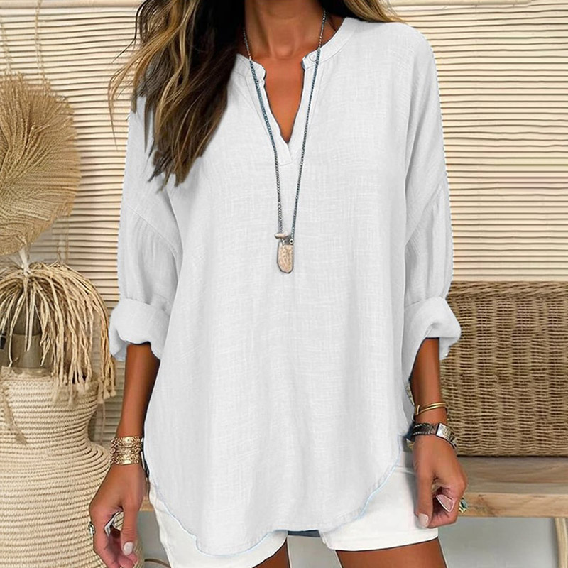 V-neck Casual Long-sleeved Top - White - 5XL - image 2
