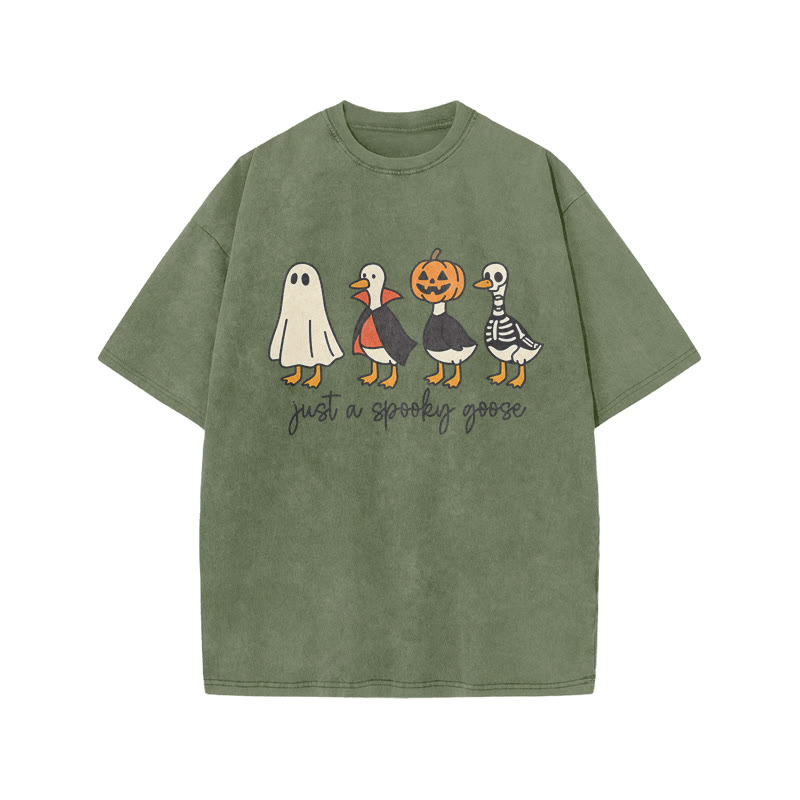 Unisex 100% Cotton Just A Spooky Goose Print Acid Washed T-shirt - Army Green - US20-22(3XL) - image 7