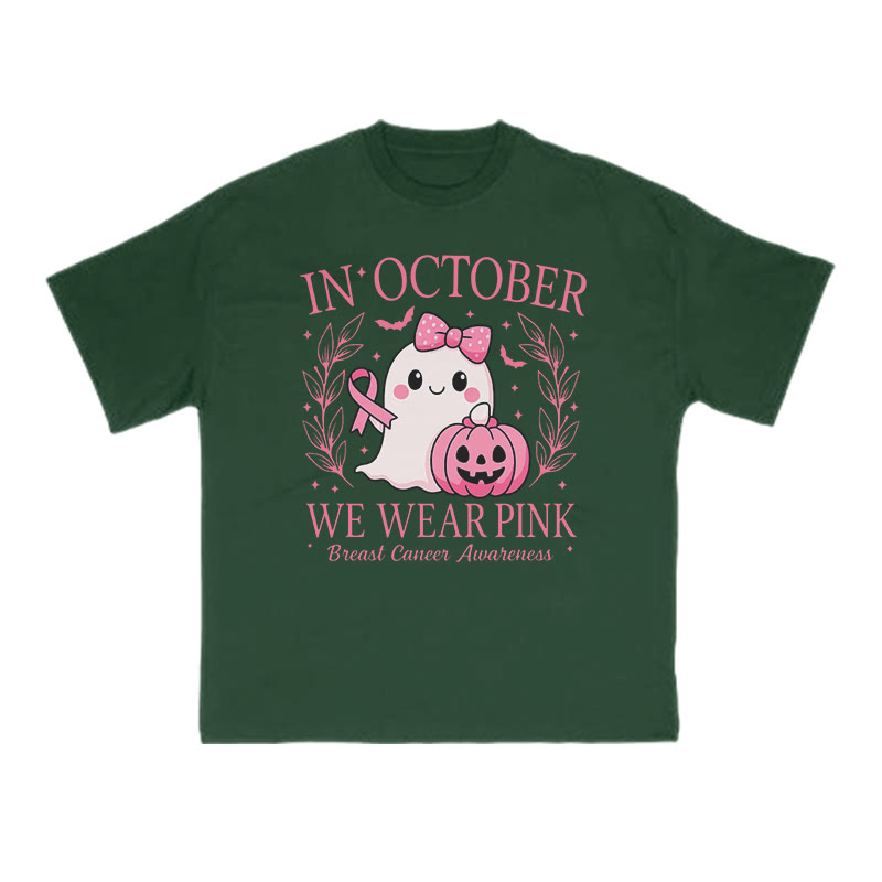 Unisex In October We Wear Pink Halloween Cancer Print T-shirt - Dark Green - US16-18(2XL) - image 7
