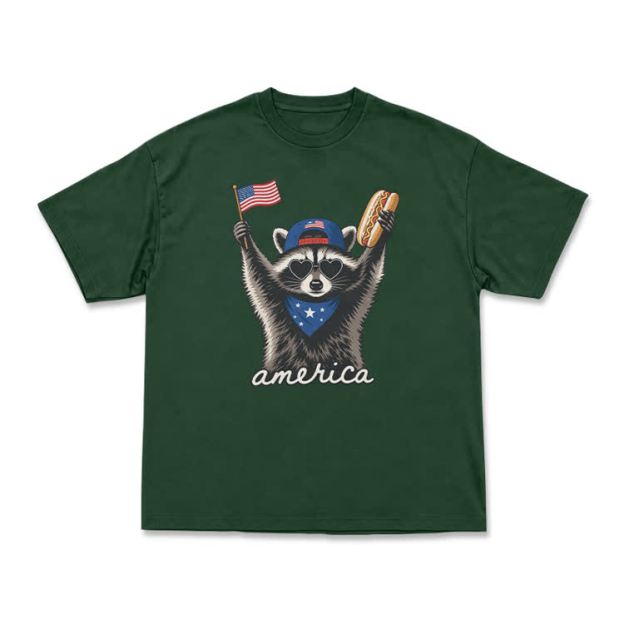 Patriotic Raccoon America Graphic T-Shirt - Green - US16-18(2XL) - image 11