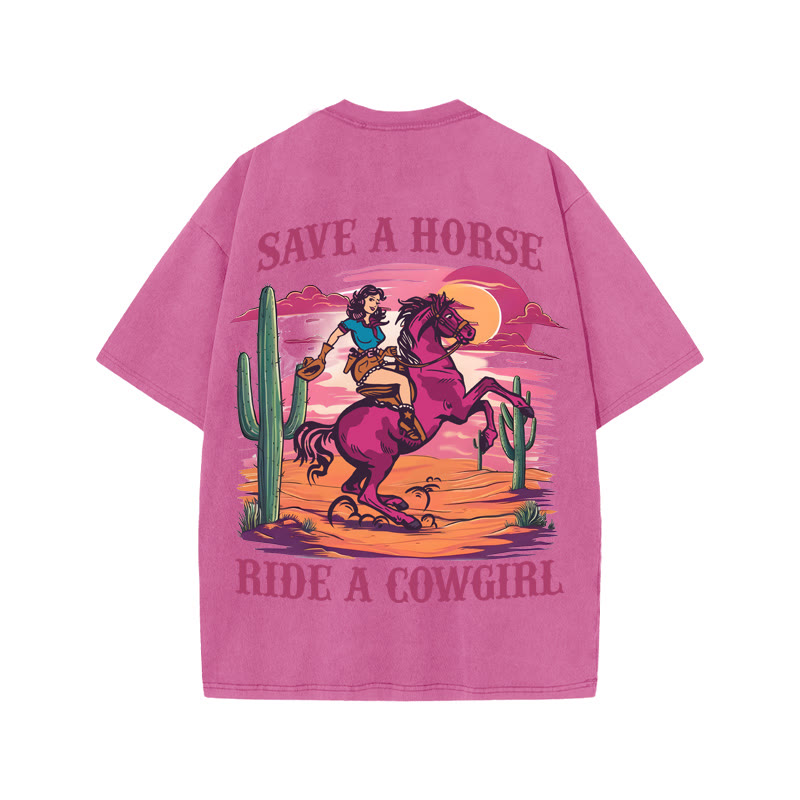 Unisex 100% Cotton Ride A Cowgirl Print Acid Washed T-shirt