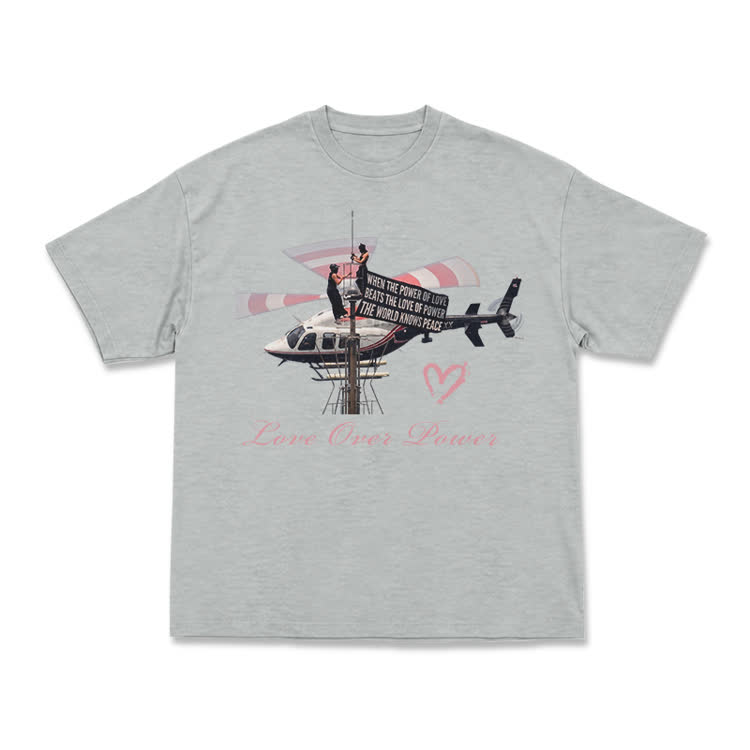 Vintage Helicopter Print Love Over Power T-Shirt - Grey - US16-18(2XL) - image 10