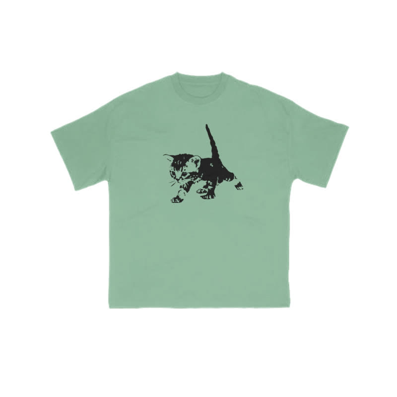 Unisex 100% Cotton Cute Cat Art Print T-shirt - Green - US16-18(2XL) - image 8