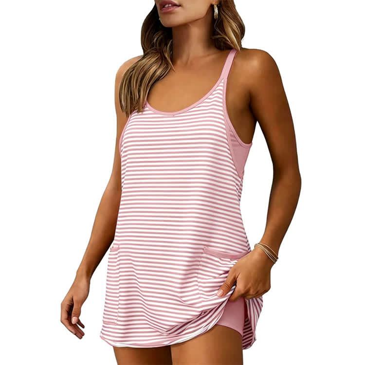 Women's Casual Striped Sleeveless Pockets Dress - Pink - 2XL - image 10