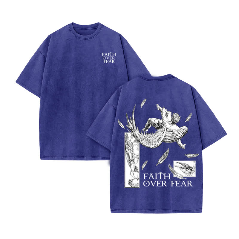 Unisex  Faith Over Fear Print Acid Washed T-shirt - Blue - US20-22(3XL) - image 10