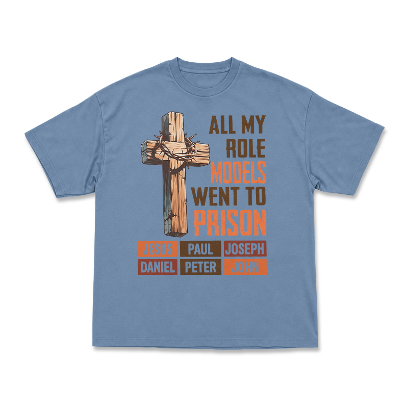 Cross and All My Role Models Went to Prison Statement Graphic T-Shirt - Dusty Blue - US16-18(2XL) - image 3