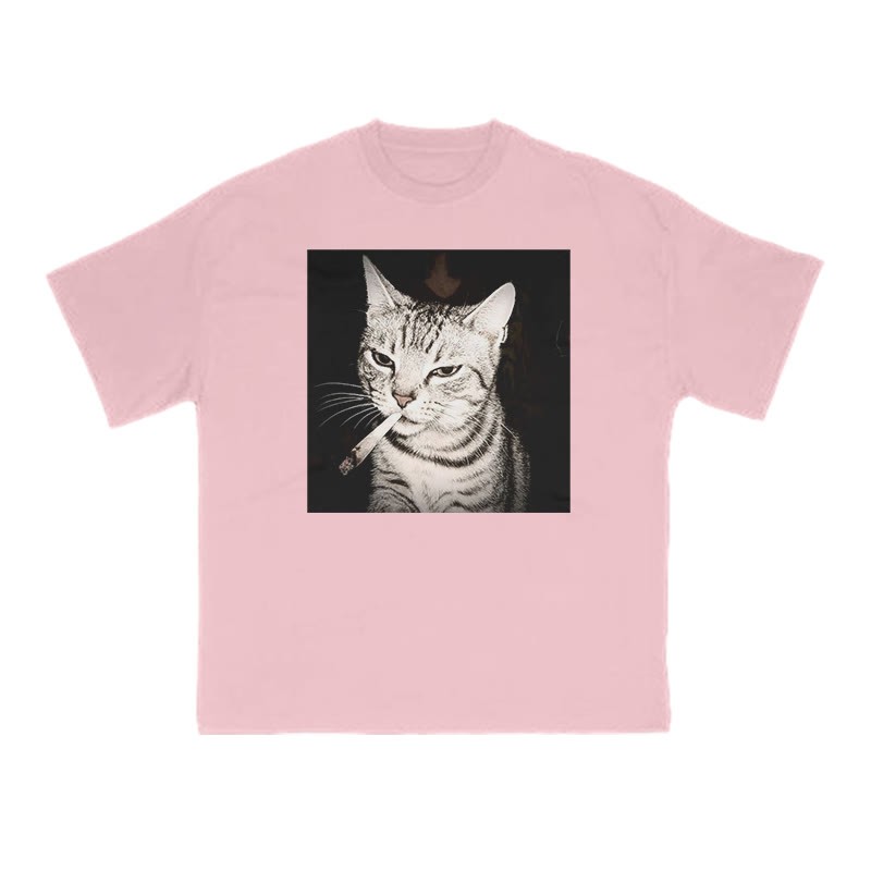 Unisex 100% Cotton Smoking Tabby Cat Print T-shirt - Pink - US16-18(2XL) - image 9