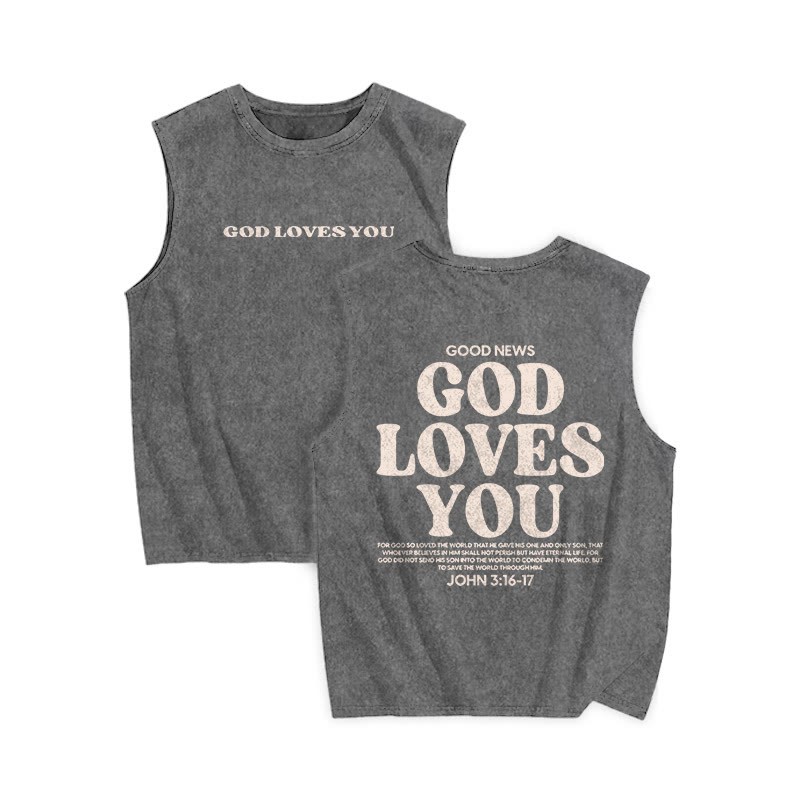 Unisex 100% Cotton God Loves You Print Washed Tank Top - Grey - 3XL - image 3