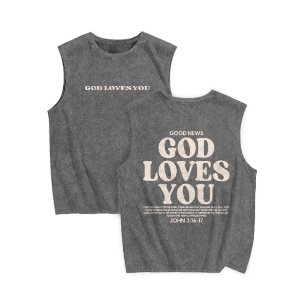 Unisex 100% Cotton God Loves You Print Washed Tank Top - Grey - 3XL - image 3