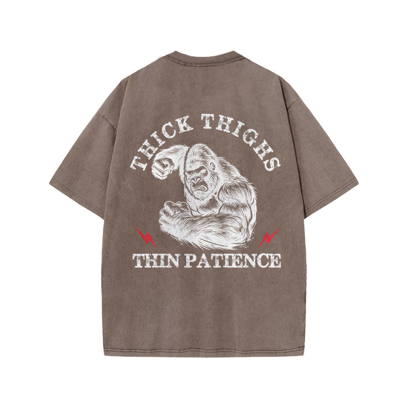 100% Cotton Thick Thighs Thin Patience Gym Print Acid Washed T-shirt - Coffee - US20-22(3XL) - image 6