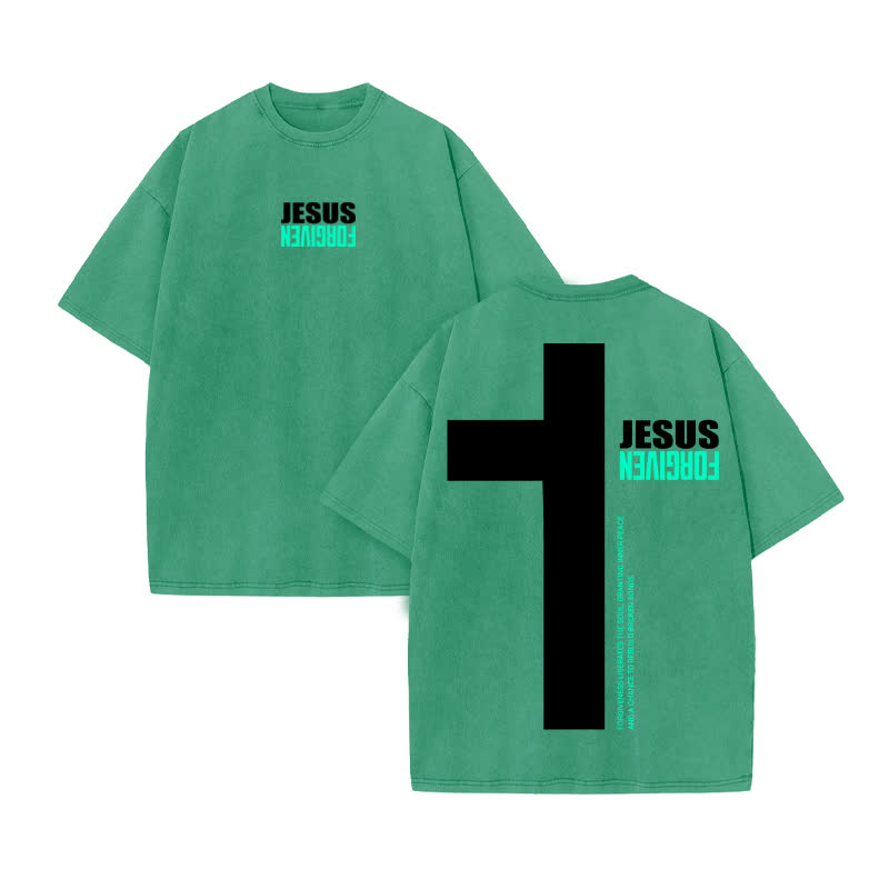 Unisex 100% Cotton Jesus Forgiven Print Acid Washed T-shirt - Green - US20-22(3XL) - image 7