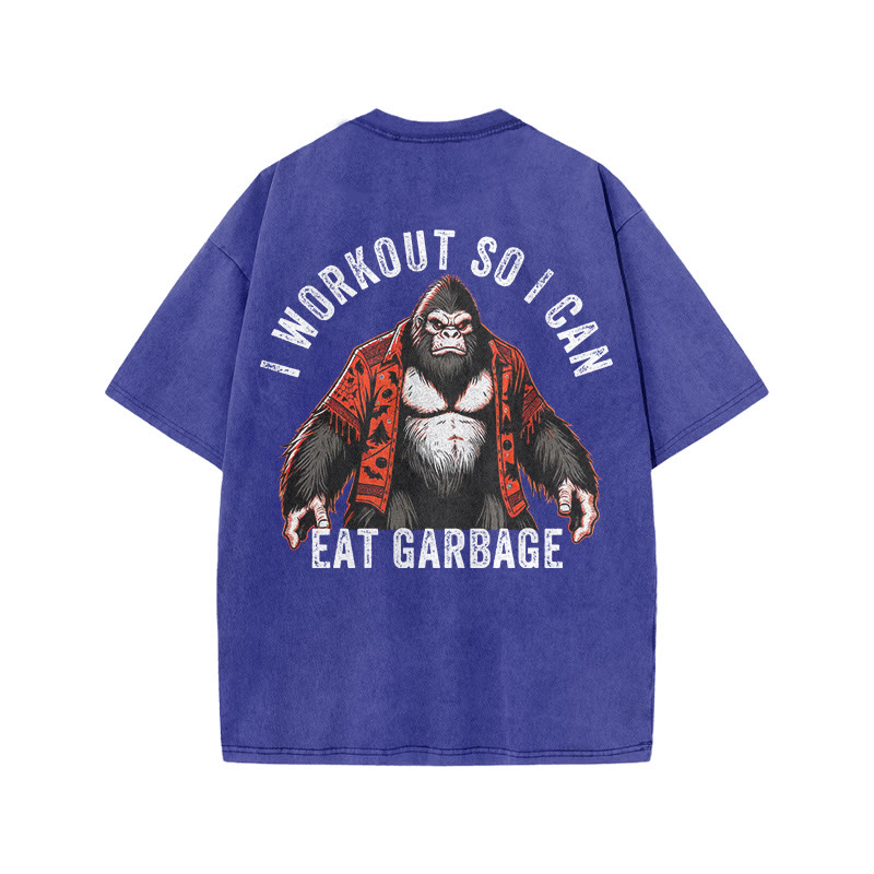 100% Cotton I Workout So I Can Eat Garbage Gym Print Acid Washed T-shirt - Blue - US20-22(3XL) - image 9
