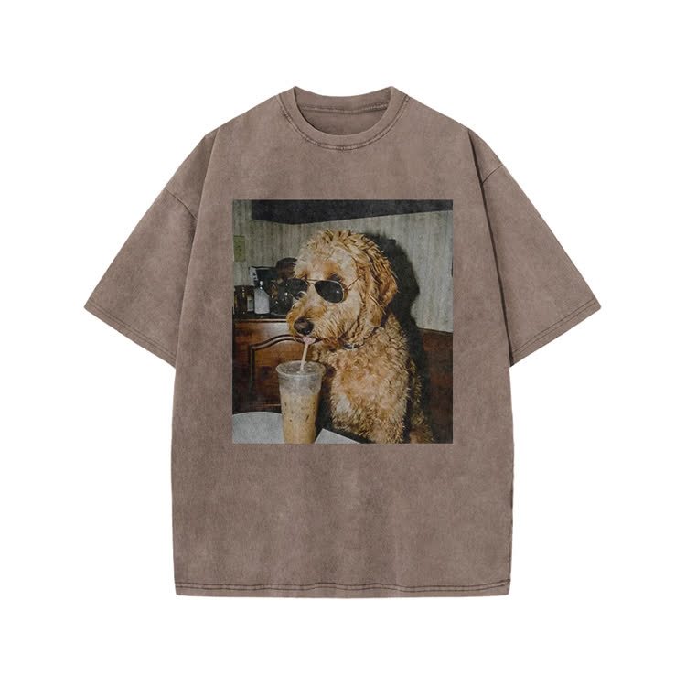 Playful Dog Photo Print Acid Washed T-shirt - Coffee - US20-22(3XL) - image 7