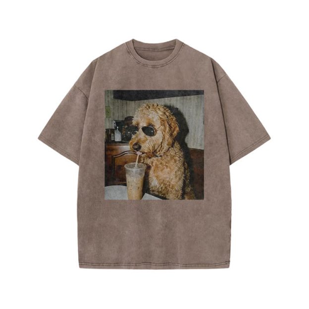 Playful Dog Photo Print Acid Washed T-shirt - Coffee - US20-22(3XL) - image 7