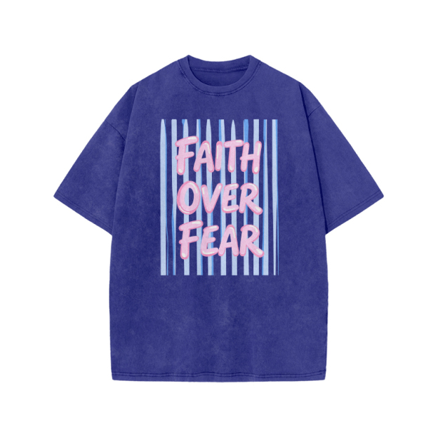 Faith Over Fear Stripe Print Acid Washed T-shirt - Blue - US20-22(3XL) - image 9