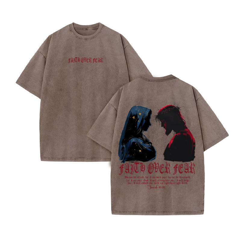 Unisex 100% Cotton FAITH OVER FEAR Print Acid Washed T-shirt