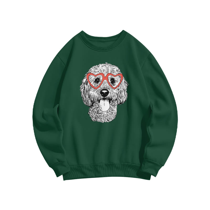 Curly-haired Puppy With Heart-shaped Glasses Valentine's Day Print Sweatshirt - Dark Green - US16-18(2XL) - image 7