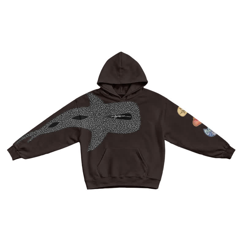 Urban Streetwear Asymmetric Fish Motif Long Sleeve Graphic Print Hoodie - Coffee - US16-18(2XL) - image 7