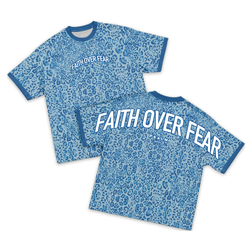 Faith Over Fear Leopard Print Contrast T-Shirt - Blue - 3XL - image 3