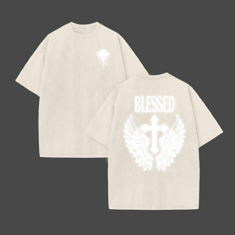 Blessed Cross Reflective Print Acid Washed T-shirt - Beige - US20-22(3XL) - image 3