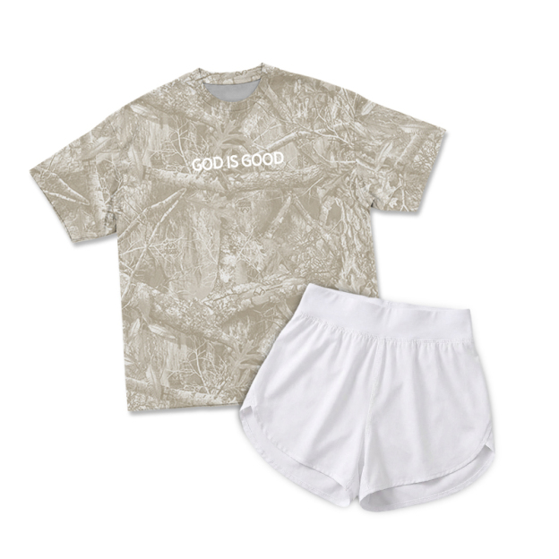 Vintage Camo GOD IS GOOD Print T-Shirt & Short Two Piece Set - Sand Camo - 2XL - image 13