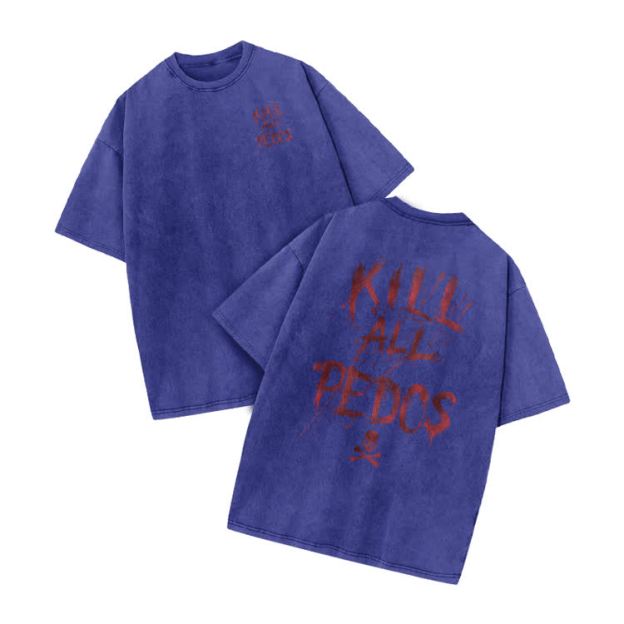  Kill All Pedos Print Acid Washed T-Shirt - Blue - US20-22(3XL) - image 8