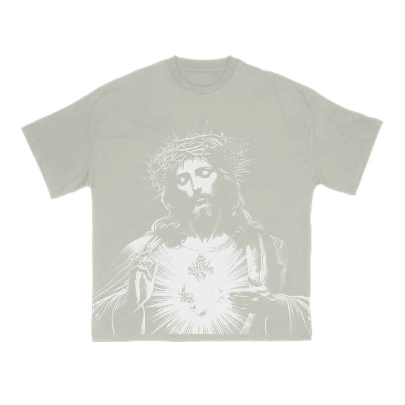 Unisex 100% Cotton Sacred Heart Of Jesus Print T-shirt - Warm Grey - US16-18(2XL) - image 4