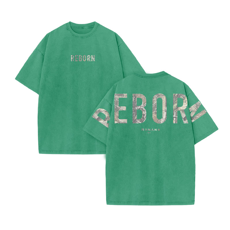 Reborn Romans 6:4 Dead Leaves Camouflage Print Acid Washed T-shirt - Green - US20-22(3XL) - image 7