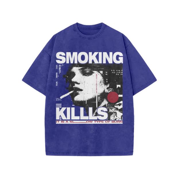 Street Rebel Smoking Kills Collage Graphic Print Acid Washed T-Shirt - Blue - US20-22(3XL) - image 9