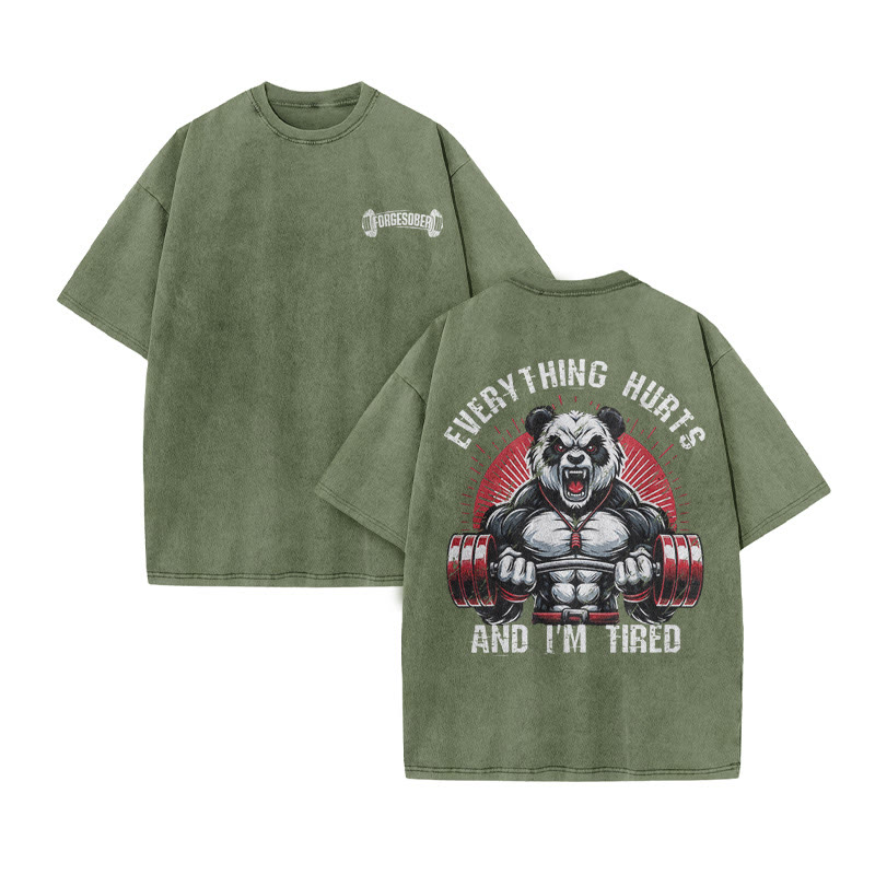 100% Cotton Everything Hurts And I'm Tired Gym Print Acid Washed T-shirt - Army Green - US20-22(3XL) - image 8