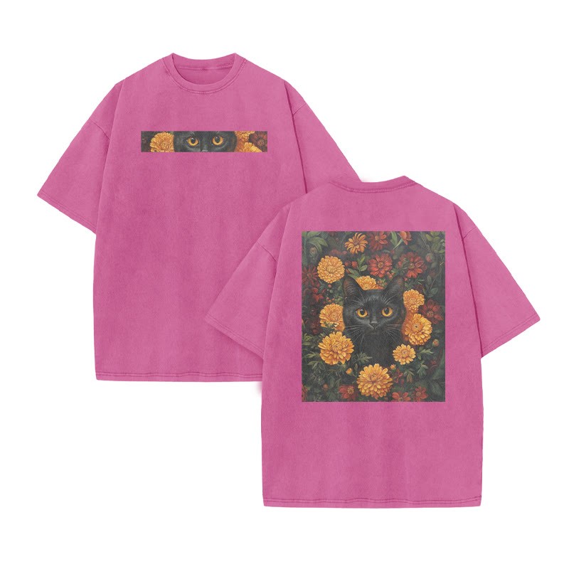 A Black Cat In A Field Of Chrysanthemums Print Acid Washed T-shirt - Pink - US20-22(3XL) - image 9