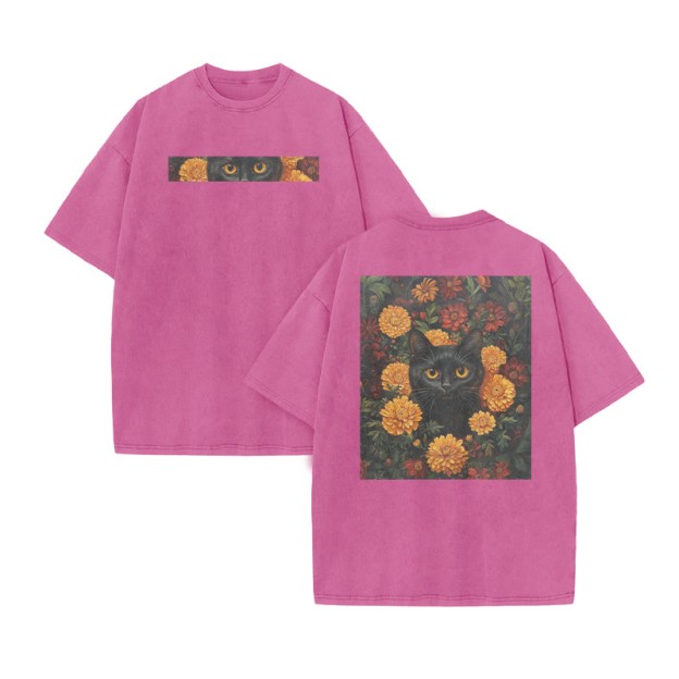 A Black Cat In A Field Of Chrysanthemums Print Acid Washed T-shirt - Pink - US20-22(3XL) - image 9