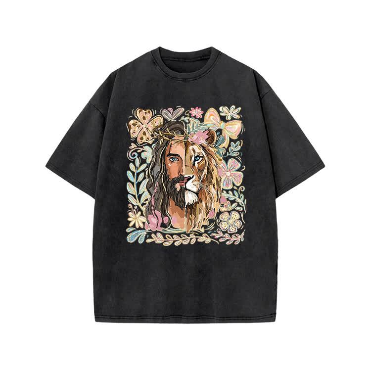 Vintage Lion Portrait Print Acid Washed T-shirt - Black - US20-22(3XL) - image 5