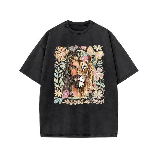 Vintage Lion Portrait Print Acid Washed T-shirt - Black - US20-22(3XL) - image 5