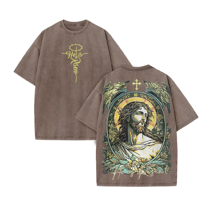 He Is Risen Jesus Print Acid Washed T-shirt - Coffee - US20-22(3XL) - image 5