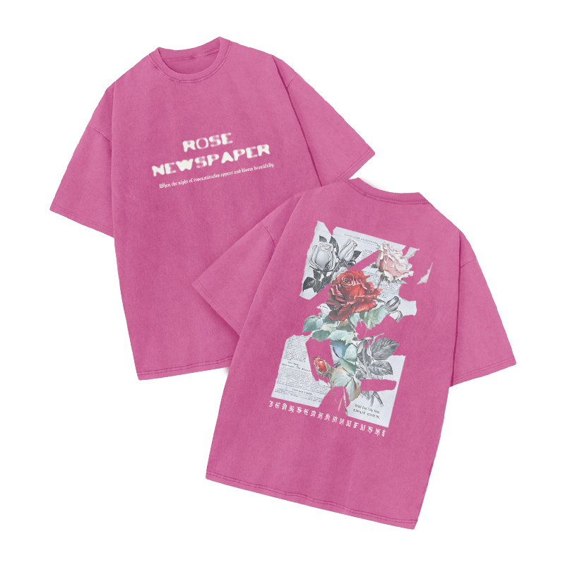Rose Newspaper Print Acid Washed T-shirt - Pink - US20-22(3XL) - image 7