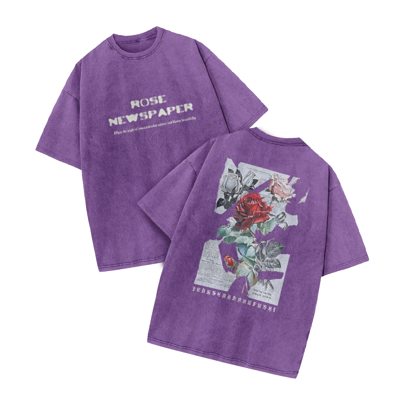 Rose Newspaper Print Acid Washed T-shirt - Purple - US20-22(3XL) - image 6